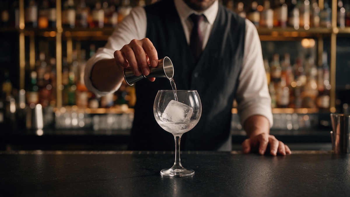 Bartender sirviendo una bebida transparente en copa globo con hielo