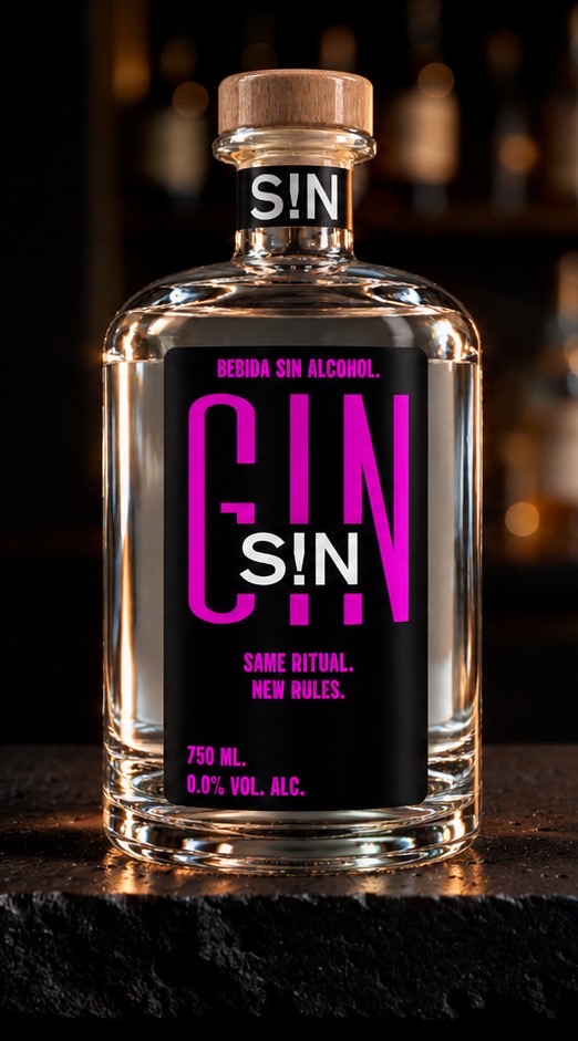 Botella de GIN S!N sobre barra de piedra en un bar a media luz